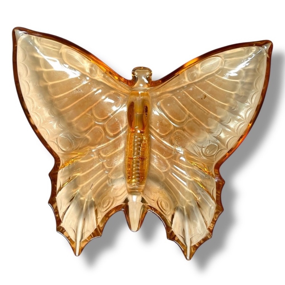 Vintage 8” Peach Glass Butterfly Trinket Dish